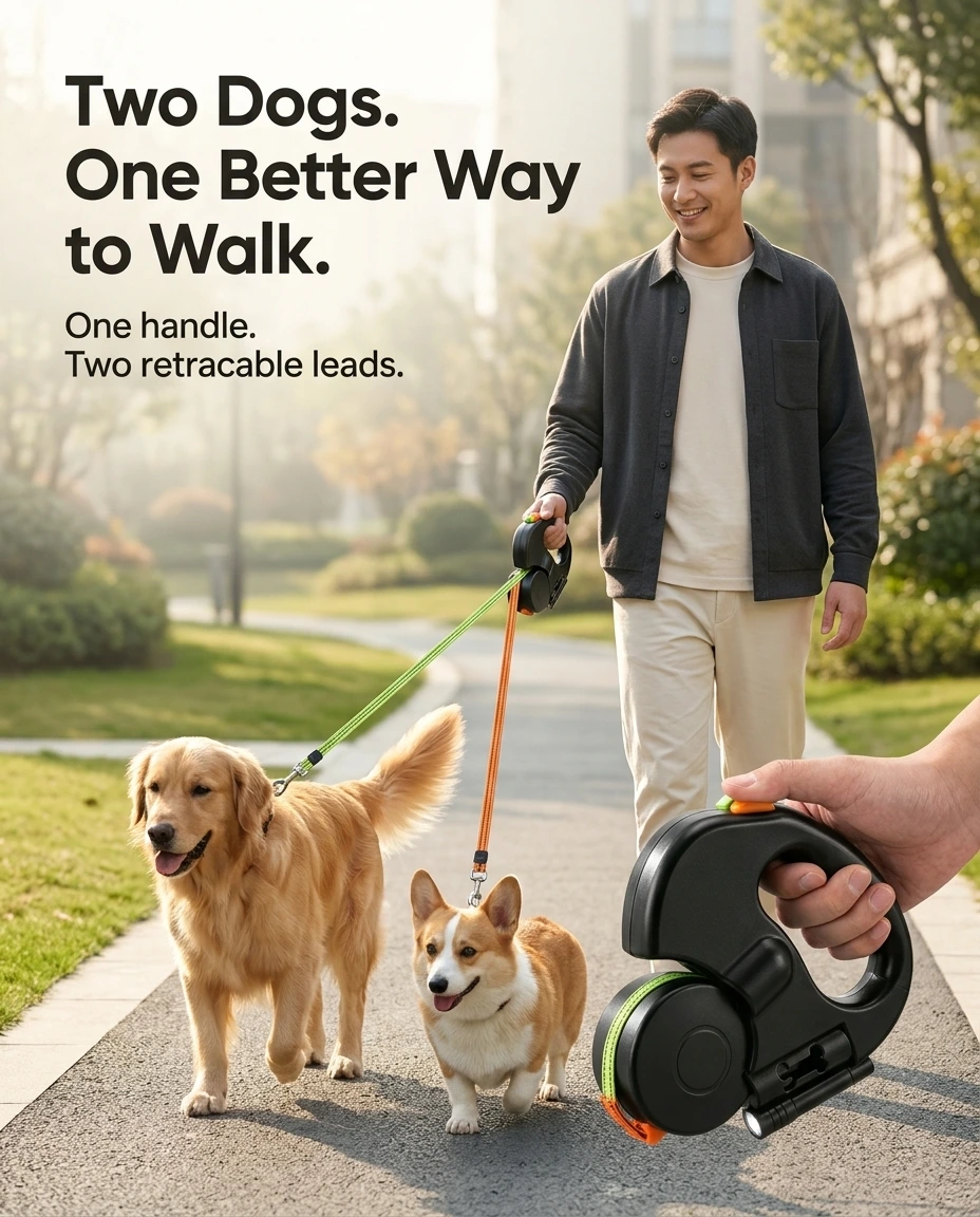 Owner walking a golden retriever and a corgi with a single TwinWalk 360 dual leash